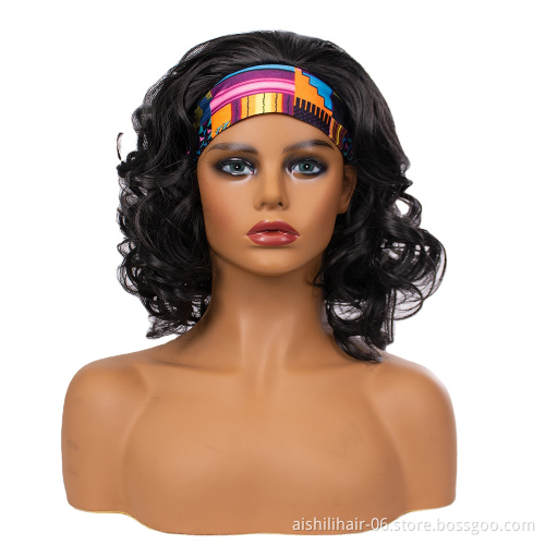AISHILI hair wig short black wave culy bob synthetic wigs with headband for women
